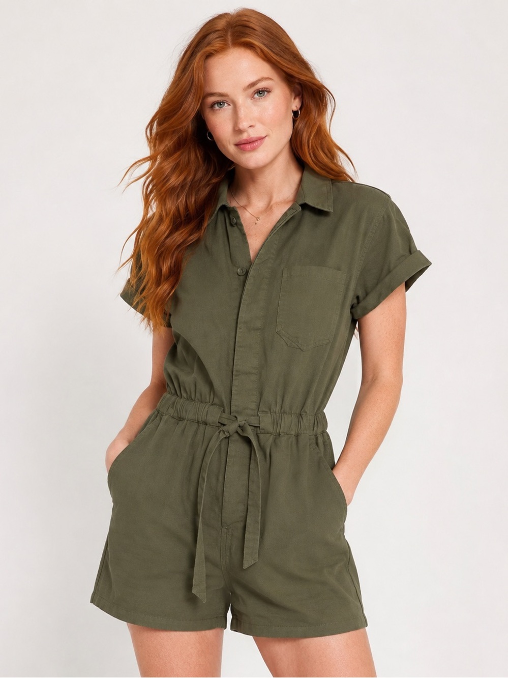 Unpublished Olive Utility Romper Belted Cotton Shirt Romper NWOT S
